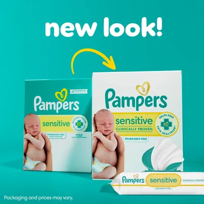 Introduces customers to the updated packaging design for Pampers Sensitive products, maintaining brand recognition while highlighting improvements.