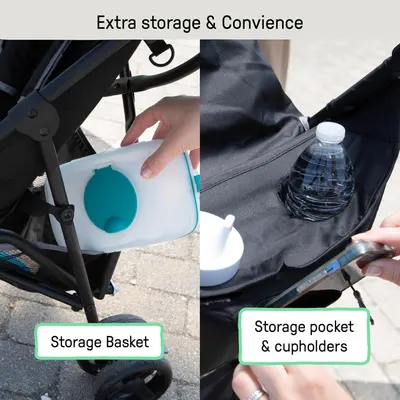 Highlights multiple storage and convenience features of the stroller to show its practicality for parents on the go.