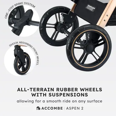 Highlights multiple features of the stroller's wheel system to show its versatility and ease of use on various surfaces.