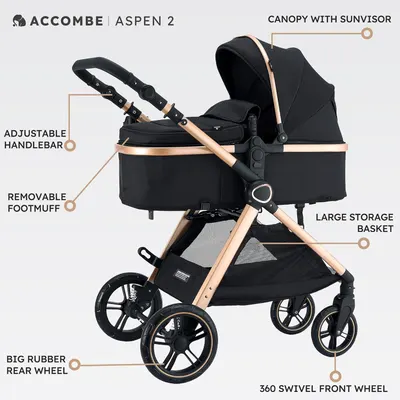 Highlights key features of the Accombe Aspen 2 stroller to showcase its functionality and design elements.