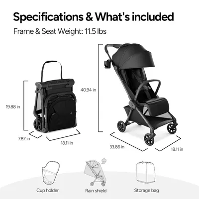 Provides exact measurements of the stroller when open and folded to help customers understand its size and storage requirements. Shows additional accessories included with the stroller purchase to…