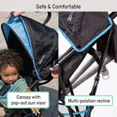 Highlights the stroller's safety and comfort features, specifically the canopy with sun visor and multi-position recline capability.
