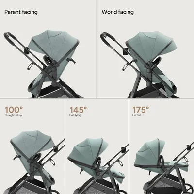 Demonstrates the stroller's versatility with reversible seating options and multiple recline positions for baby's comfort.