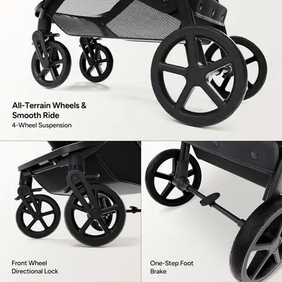 Highlights the stroller's advanced wheel system for improved maneuverability and comfort on various surfaces.