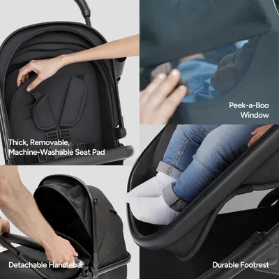 Highlights multiple comfort and convenience features of the stroller to demonstrate its versatility and quality construction.