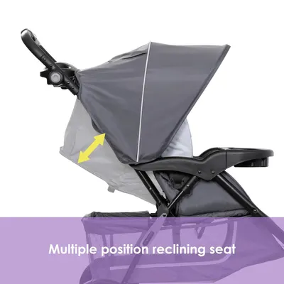 Highlights the stroller's adjustable reclining seat feature, demonstrating comfort and versatility for the child.