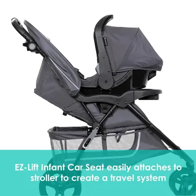 Demonstrates how the infant car seat easily attaches to the stroller to create a travel system, simplifying the transition from car to stroller for parents.