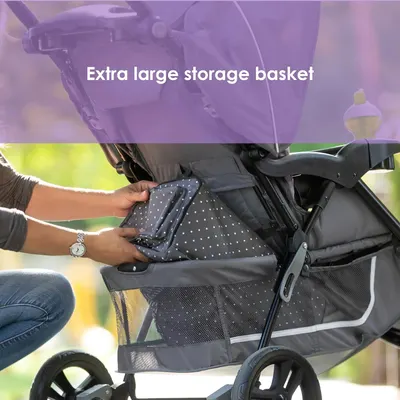 Highlights the stroller's spacious storage capacity to appeal to parents who need to carry many items.
