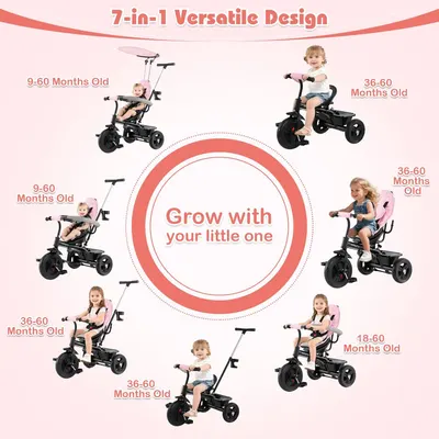 Demonstrates the product's adaptability for different age groups and usage scenarios, showing how it grows with the child from 9 to 60 months old.