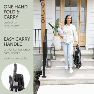 Highlights the stroller's convenient features for busy parents, emphasizing its easy folding mechanism and portability.