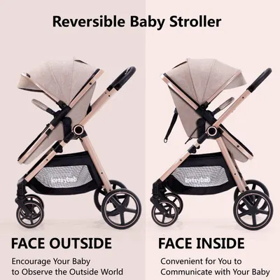 Demonstrates the stroller's ability to face the baby both outward and inward, highlighting its versatility and convenience for different parenting needs.