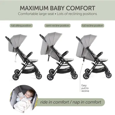 Demonstrates the different reclining positions of the stroller to show its versatility and comfort for the baby. Highlights multiple comfort features of the stroller to appeal to parents looking for…