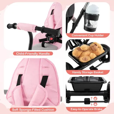 Highlights multiple convenient features of the stroller to show its practicality and comfort for both child and parent.