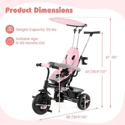 Provides detailed dimensions and specifications of the tricycle to help shoppers understand its size, weight capacity, and suitable age range for children.