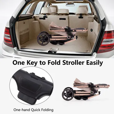 Demonstrates the stroller's one-key folding mechanism, emphasizing convenience for parents when storing or transporting the stroller.