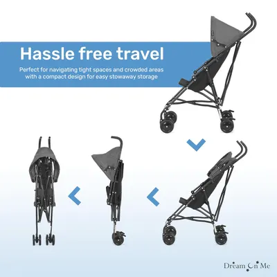 Demonstrates the easy folding process of the stroller for convenient storage and travel. Showcases the stroller's versatility for travel and use in crowded areas, emphasizing its compact nature.