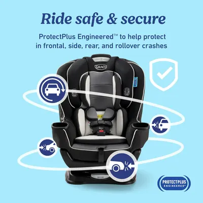 Highlights the car seat's ability to protect children in various types of crashes, reassuring parents about their child's safety during car rides.