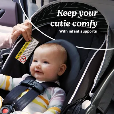 Highlights the product's infant support feature to reassure parents about their baby's comfort and safety in the car seat.