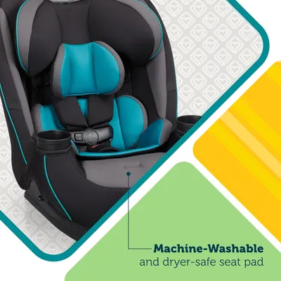 Highlights the convenience of a machine-washable and dryer-safe seat pad, emphasizing easy cleaning for parents.