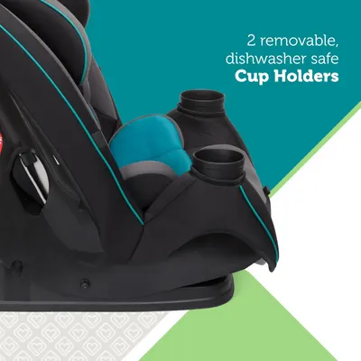 Highlights the convenience of two removable, dishwasher-safe cup holders in the car seat, emphasizing ease of use and cleaning for parents.