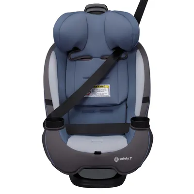 Highlights the car seat's safety features, including the 5-point harness and prominent warning label, to reassure parents about child safety during travel.