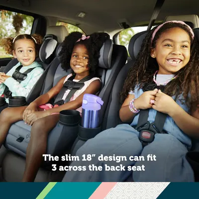 Demonstrates the car seat's slim 18" design that allows fitting 3 seats across the back seat, appealing to families with multiple children.