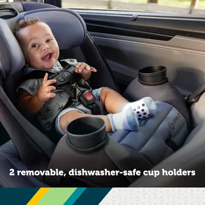 Highlights the convenience of having two removable, dishwasher-safe cup holders in the car seat, making it easier for parents to keep the seat clean and organized.