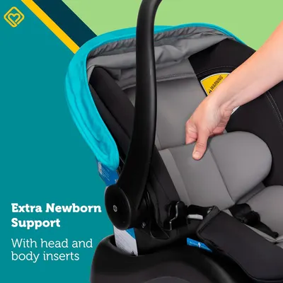Highlights the car seat's additional support for newborns, emphasizing safety and comfort for very young babies.