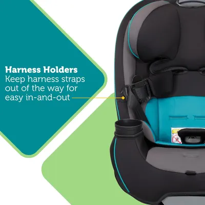 Highlights the harness holders feature that keeps straps out of the way, making it easier to place the child in and take them out of the car seat.