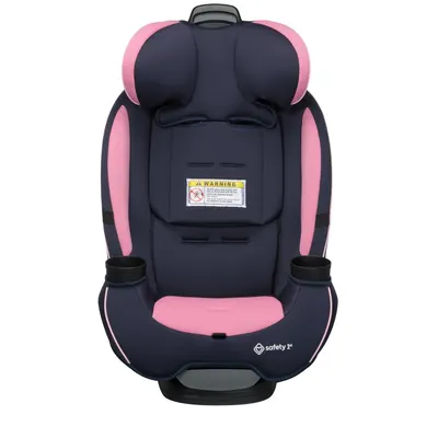 Highlights the safety warning label on the car seat to reassure parents about proper usage and compliance with safety standards. Showcases the convenient dual cup holders integrated into the car…