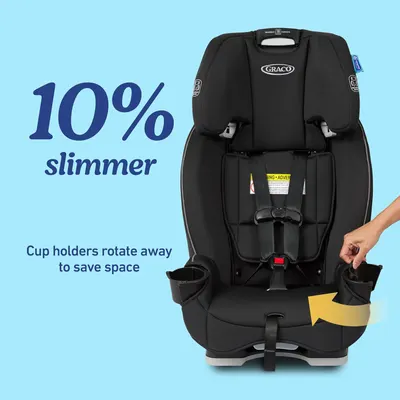 Highlights the car seat's slimmer profile and rotating cup holders to emphasize its space-saving feature for parents.