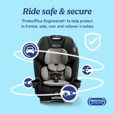 Highlights the car seat's ability to protect in various types of crashes, reassuring parents about their child's safety.