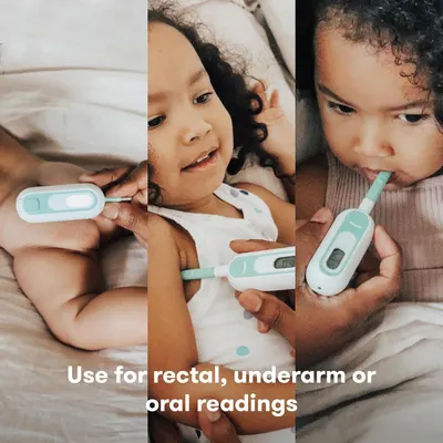 Demonstrates the versatility of the thermometer by showing it can be used for rectal, underarm, or oral temperature readings on children.