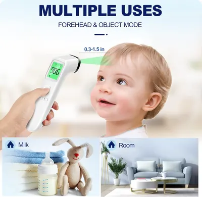 Demonstrates the versatility of the thermometer for measuring temperature of people, objects, and rooms.