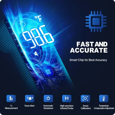 Highlights the product's fast and accurate temperature measurement capabilities, emphasizing its smart chip technology for best accuracy. Showcases the product's internal smart chip and lists…
