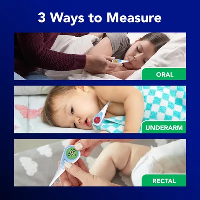 Demonstrates the three different ways to measure temperature using the thermometer: oral, underarm, and rectal.