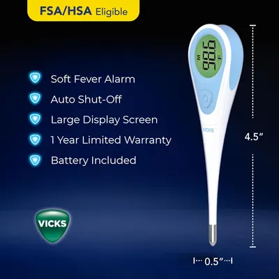 Highlights multiple key features of the Vicks thermometer to demonstrate its value and ease of use for customers. Provides the exact length of the thermometer to give customers a clear understanding…