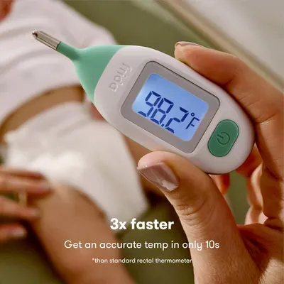 Highlights the thermometer's ability to provide an accurate temperature reading 3 times faster than standard rectal thermometers, emphasizing its speed and convenience for parents.