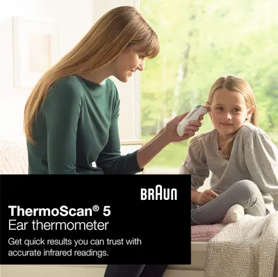 Shows the product being used in a real-life family setting to demonstrate its ease of use and suitability for children. Highlights the thermometer's ability to provide fast and reliable temperature…