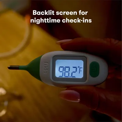 Highlights the thermometer's backlit screen feature, emphasizing its usefulness for nighttime temperature checks.