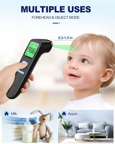 Demonstrates the versatility of the thermometer for measuring temperature of foreheads, objects, and rooms.