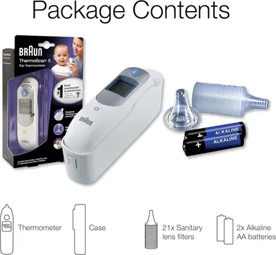 Shows all components included in the Braun ThermoScan 5 ear thermometer package to inform customers of the complete product contents.