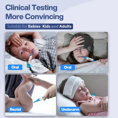 Demonstrates the versatility of the thermometer for different age groups and body measurement locations. Reassures customers that the product is safe and suitable for use with babies, children, and…