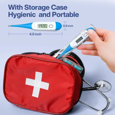 Shows the exact size of the thermometer to emphasize its portability and ease of use. Highlights that the product comes with a protective storage case, emphasizing hygiene and portability.