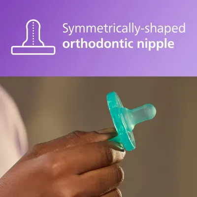 Highlights the specific design feature of the pacifier nipple to reassure parents about its orthodontic benefits for the baby's oral development.