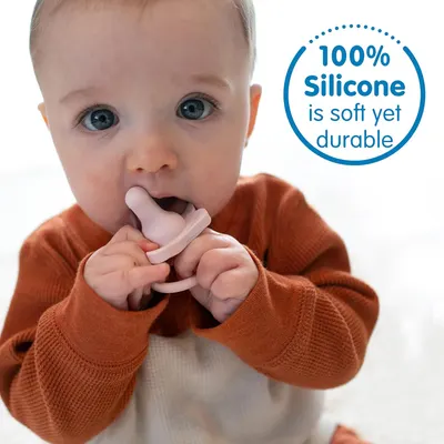 Highlights that the product is made of 100% silicone, emphasizing its soft yet durable nature for baby use.