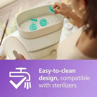 Highlights that the product is easy to clean and compatible with sterilizers, reassuring parents about hygiene and safety for their baby.