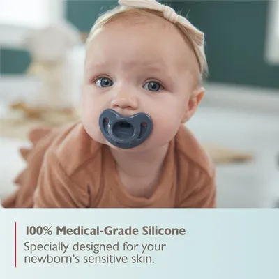 Highlights the pacifier's safe and gentle material, reassuring parents about its suitability for newborns' sensitive skin.