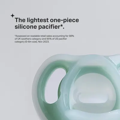 Emphasizes the product's unique selling point of being the lightest one-piece silicone pacifier available, appealing to parents who prioritize comfort for their babies.