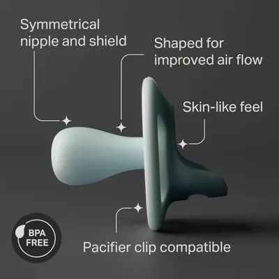 Highlights key design elements of the pacifier to demonstrate its comfort and functionality for babies.